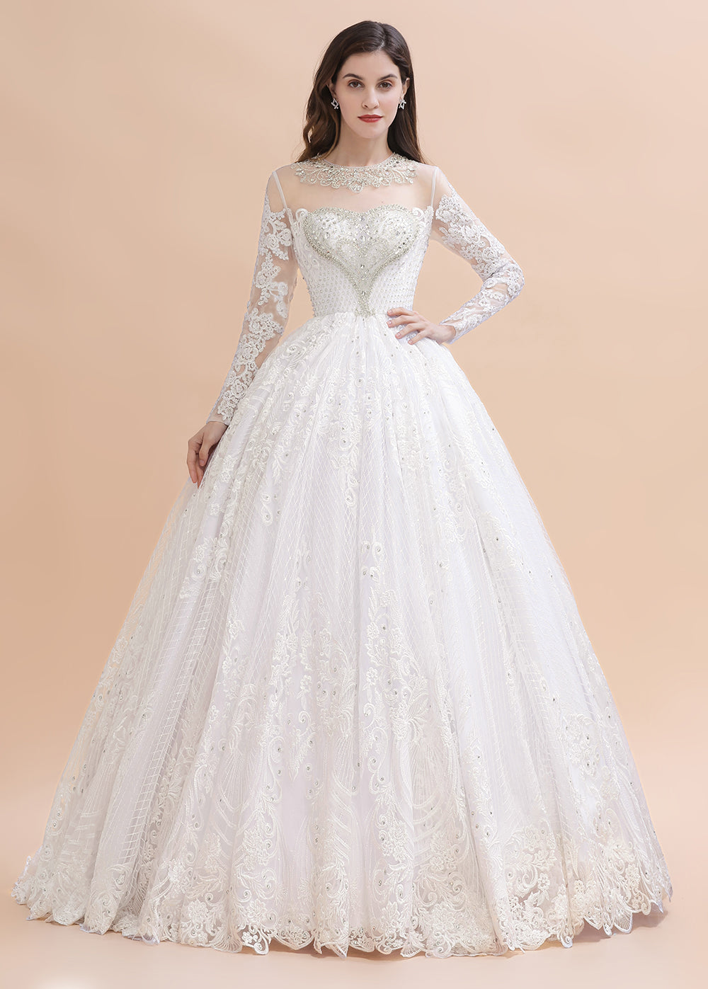 Glamouröses Brautkleid mit langen Ärmeln und Perlen in Weiß/Elfenbein