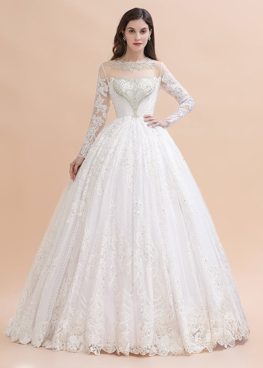 Glamouröses Brautkleid mit langen Ärmeln und Perlen in Weiß/Elfenbein