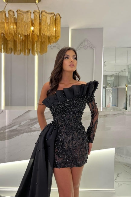 Glamouröses langärmliges trägerloses Abendkleid aus Hardnet mit Rüschen