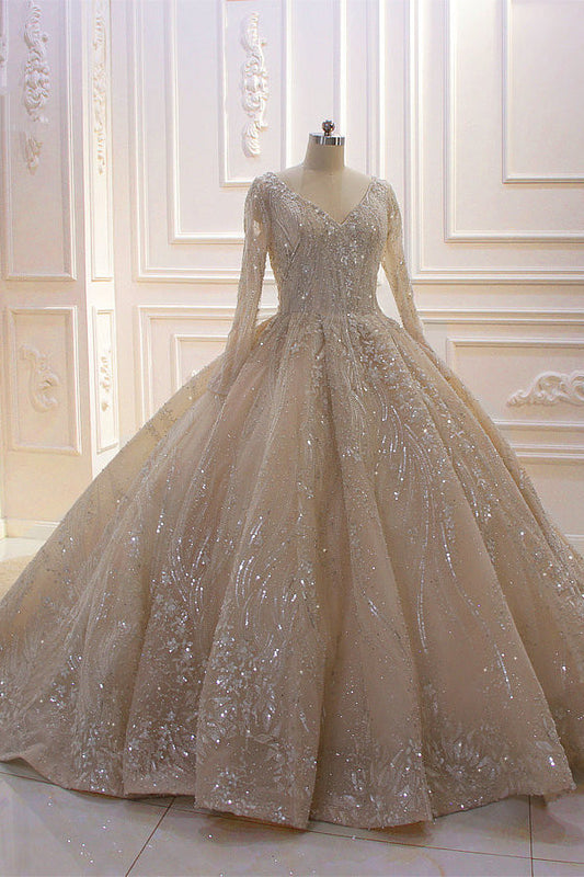 Glamouröses Ballkleid-Brautkleid mit langen Ärmeln und V-Ausschnitt und Pailletten
