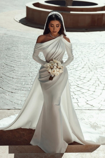 Glamorous one shoulder long sleeves mermaid satin Wedding dress with ruffles