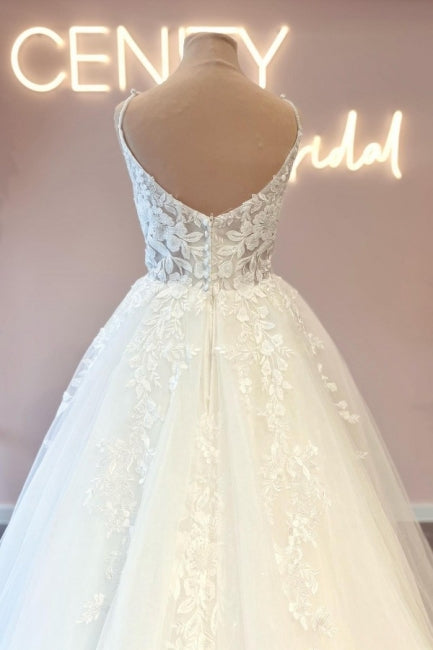 Glamorosos vestidos de novia de encaje, corte A, sin mangas y con tirantes finos