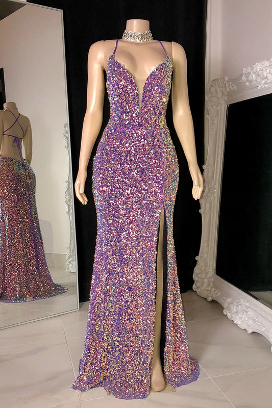 Glamoroso vestido de fiesta sin mangas con lentejuelas, escote en V y tirantes finos con abertura