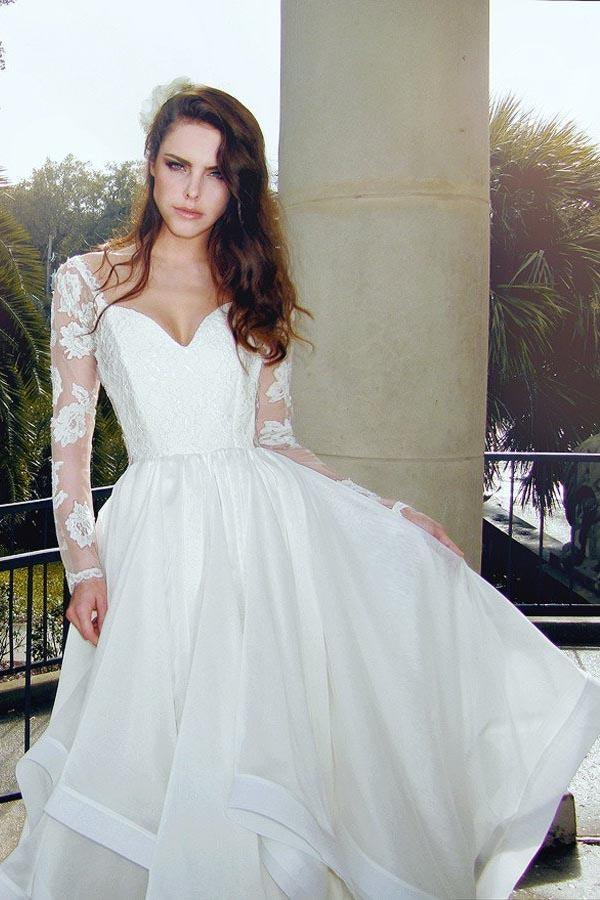 Glamouröse V-Ausschnitt Langarm Spitze Organza Brautkleider