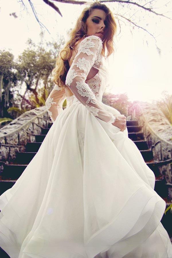 Glamouröse V-Ausschnitt Langarm Spitze Organza Brautkleider