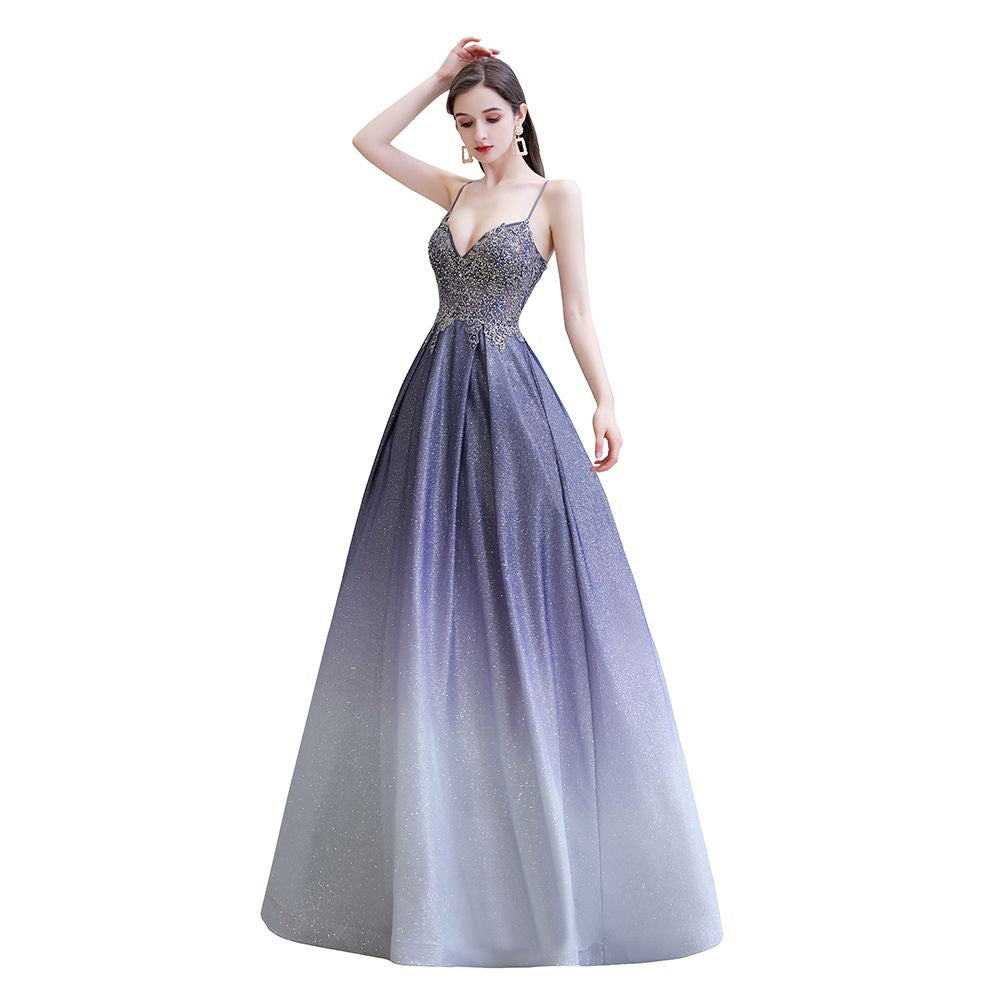 Glamouröses Spaghetti-Ombre-Partykleid in Lila mit glitzerndem A-Linien-Muster