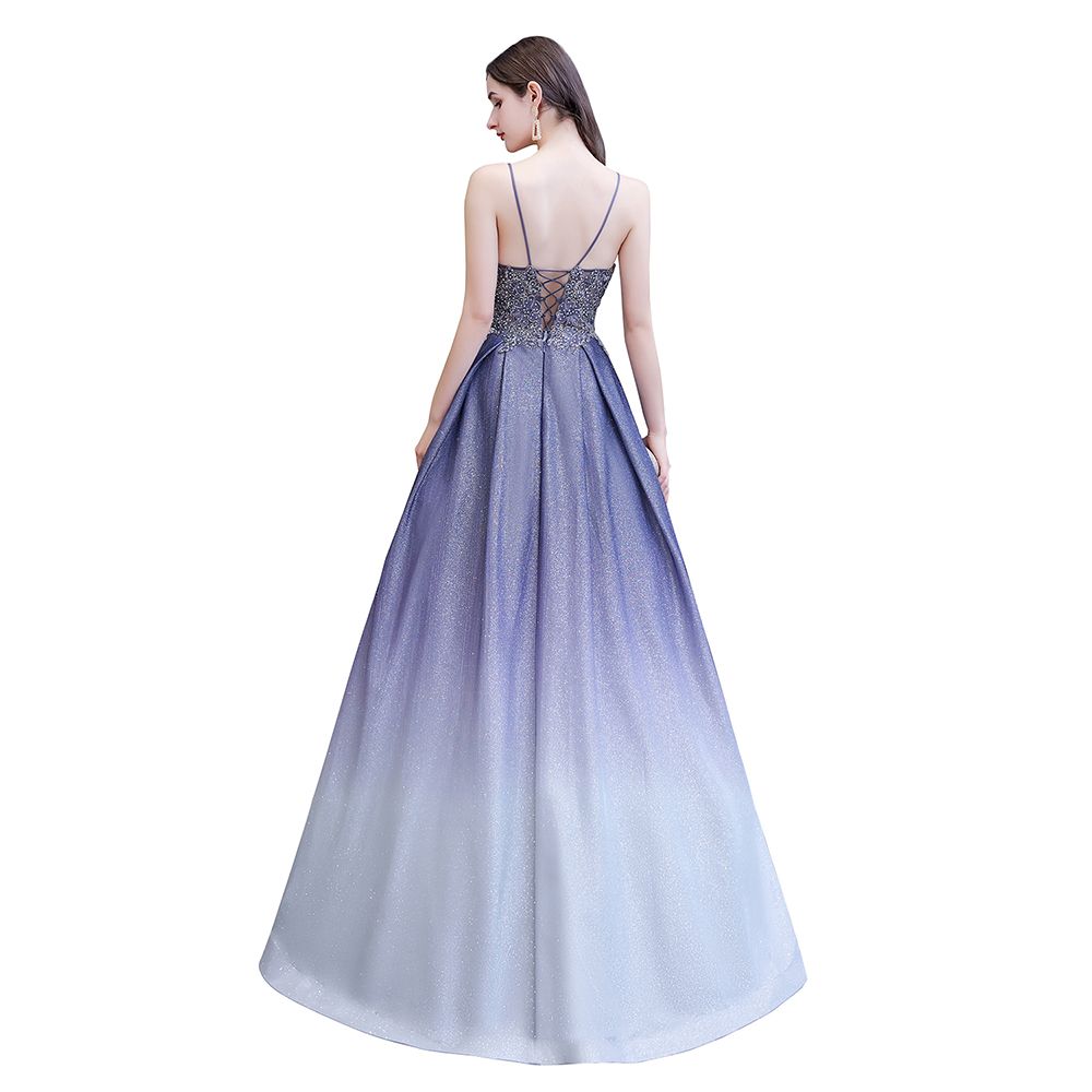 Glamouröses Spaghetti-Ombre-Partykleid in Lila mit glitzerndem A-Linien-Muster