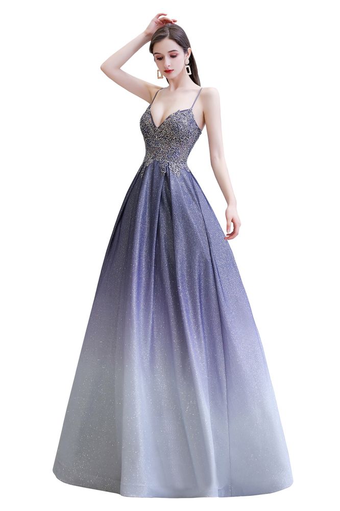 Glamouröses Spaghetti-Ombre-Partykleid in Lila mit glitzerndem A-Linien-Muster