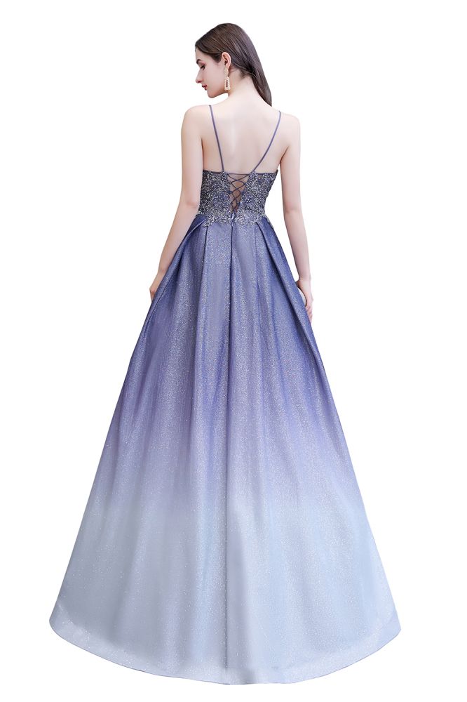 Glamouröses Spaghetti-Ombre-Partykleid in Lila mit glitzerndem A-Linien-Muster