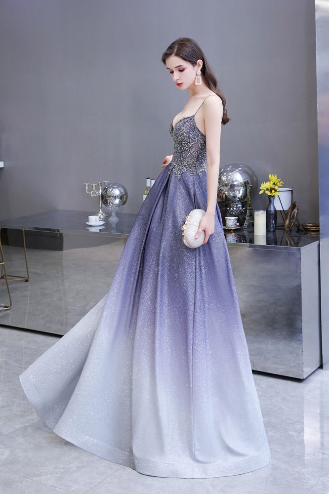 Glamouröses Spaghetti-Ombre-Partykleid in Lila mit glitzerndem A-Linien-Muster