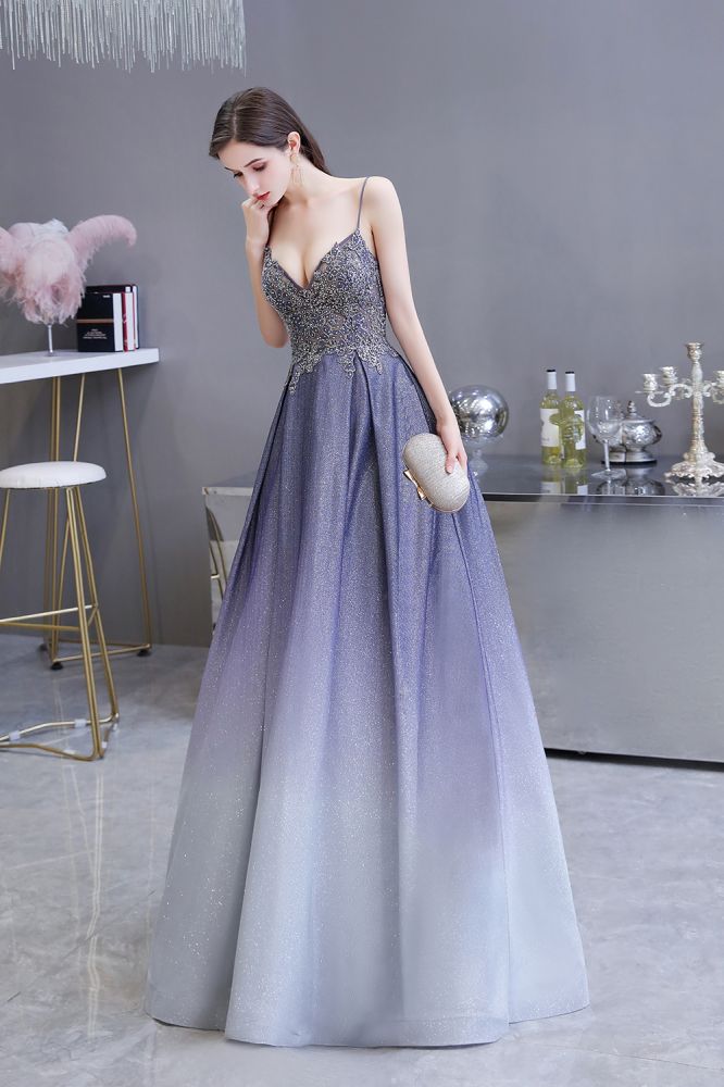 Glamouröses Spaghetti-Ombre-Partykleid in Lila mit glitzerndem A-Linien-Muster