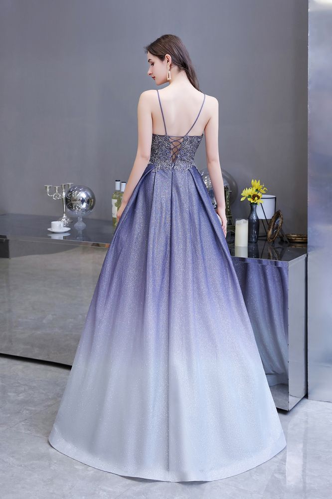 Glamouröses Spaghetti-Ombre-Partykleid in Lila mit glitzerndem A-Linien-Muster