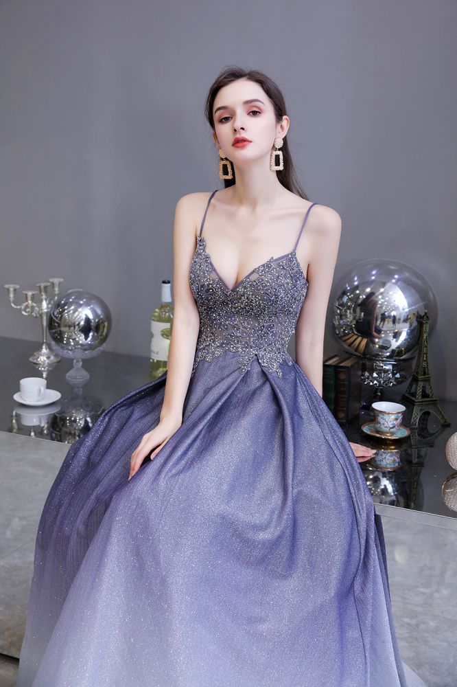 Glamouröses Spaghetti-Ombre-Partykleid in Lila mit glitzerndem A-Linien-Muster