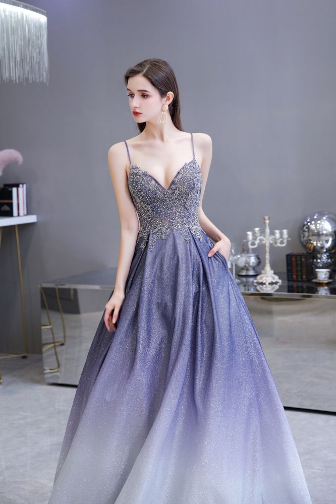 Glamouröses Spaghetti-Ombre-Partykleid in Lila mit glitzerndem A-Linien-Muster