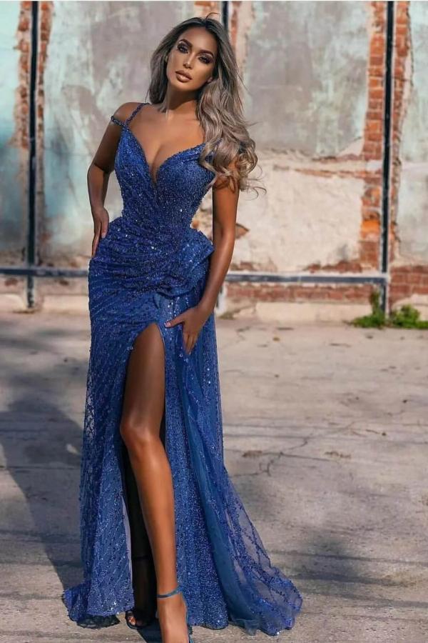 Glitzerndes langes Meerjungfrau-Abendkleid mit schulterfreien Pailletten und Schlitz