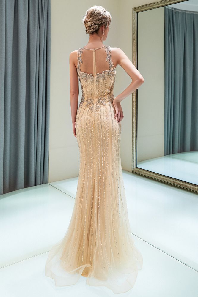 Glitzerndes ärmelloses Perlenbesetztes goldenes Abendkleid mit Rundhalsausschnitt und Meerjungfrau-Partykleid
