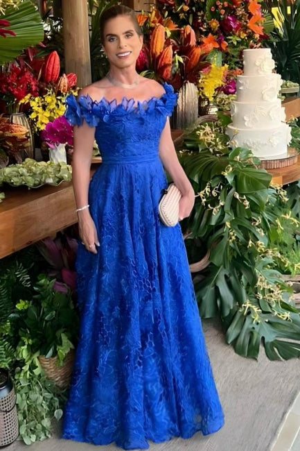 Hermoso vestido de encaje para madre de la novia, corte A, sin mangas, hombros descubiertos, azul, para dama de honor