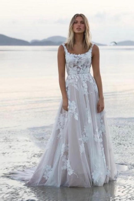 Hermosos vestidos de novia blancos sin mangas con escote en A y encaje con apliques en la cola