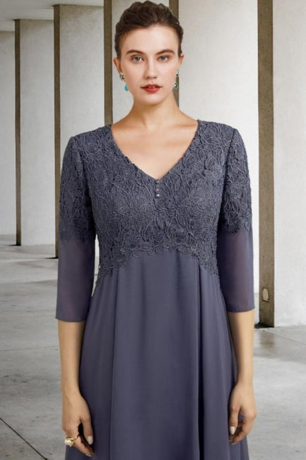 Wunderschönes A-Linien-Kleid für die Brautmutter, Spitze, V-Ausschnitt, 3/4-Ärmel, Brautjungfernkleider mit Applikationen