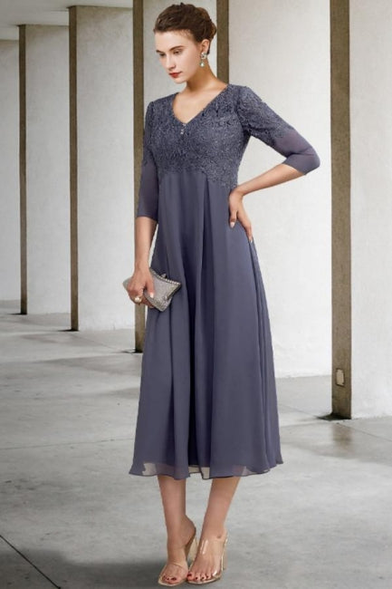 Wunderschönes A-Linien-Kleid für die Brautmutter, Spitze, V-Ausschnitt, 3/4-Ärmel, Brautjungfernkleider mit Applikationen