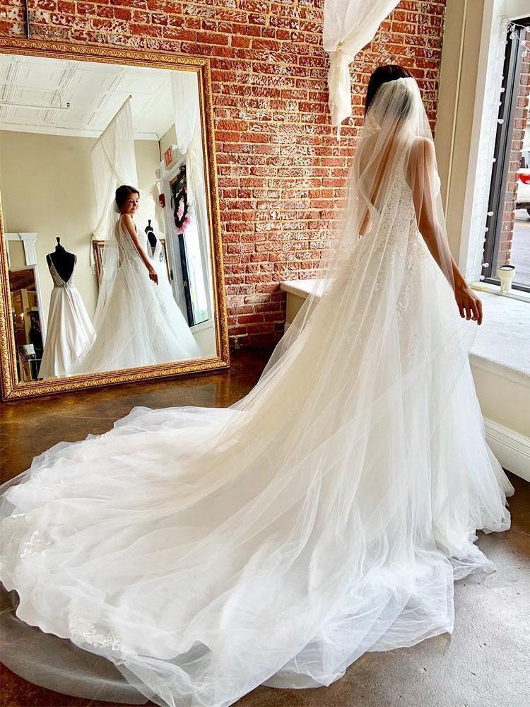 Wunderschönes A-Linien-Brautkleid mit V-Ausschnitt, offenem Rücken und Tüll