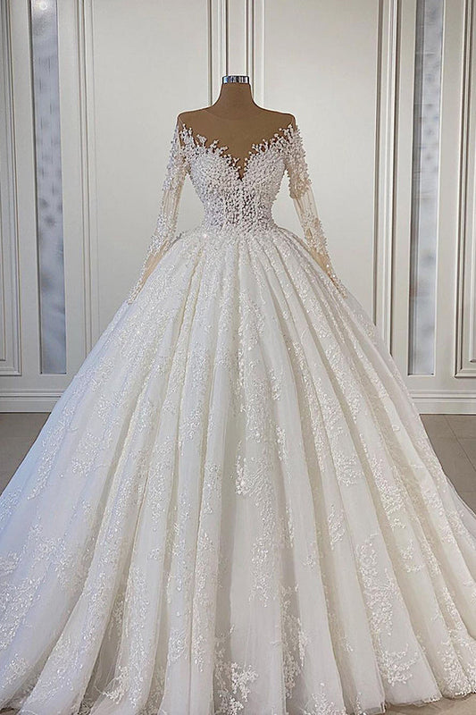 Wunderschönes Ballkleid-Brautkleid mit langen Ärmeln und Spitze
