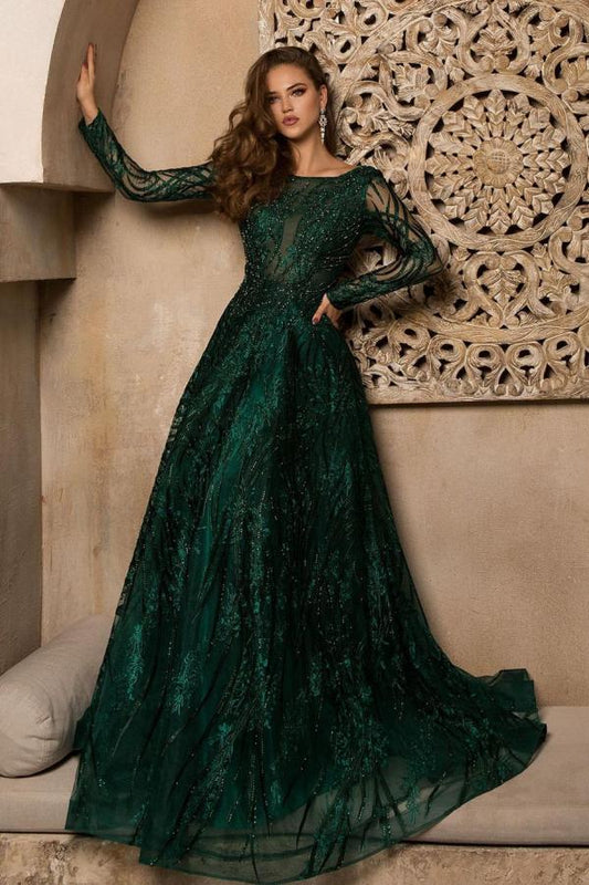 Wunderschönes langes A-Linien-Ballkleid mit Bateau-Ausschnitt, Spitzenapplikationen und Ärmeln