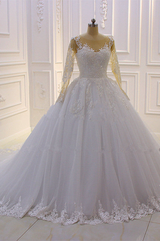 Wunderschönes langes A-Linien-Brautkleid in Bateau-Form mit Perlen, Tüllapplikationen und Spitze und Ärmeln