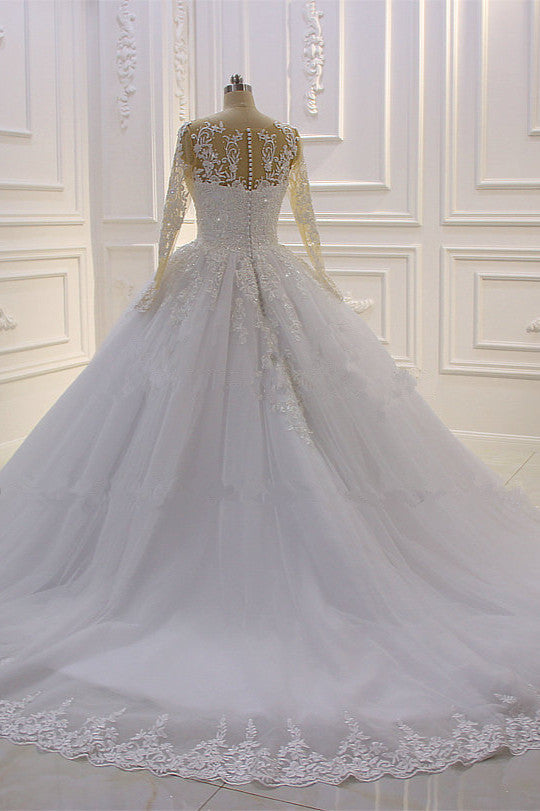 Wunderschönes langes A-Linien-Brautkleid in Bateau-Form mit Perlen, Tüllapplikationen und Spitze und Ärmeln
