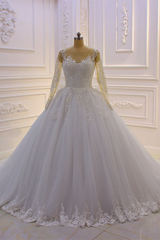 Wunderschönes langes A-Linien-Brautkleid in Bateau-Form mit Perlen, Tüllapplikationen und Spitze und Ärmeln