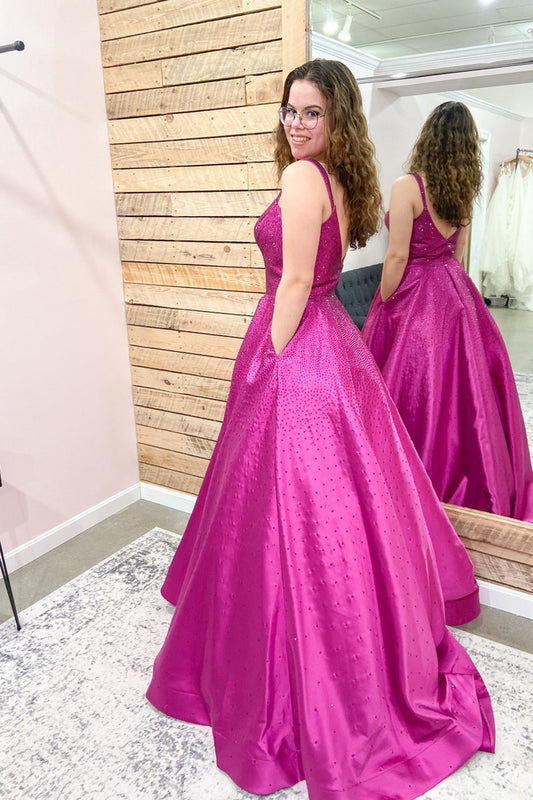 Wunderschönes langes rückenfreies Ballkleid in A-Linie mit Pailletten und Taschen