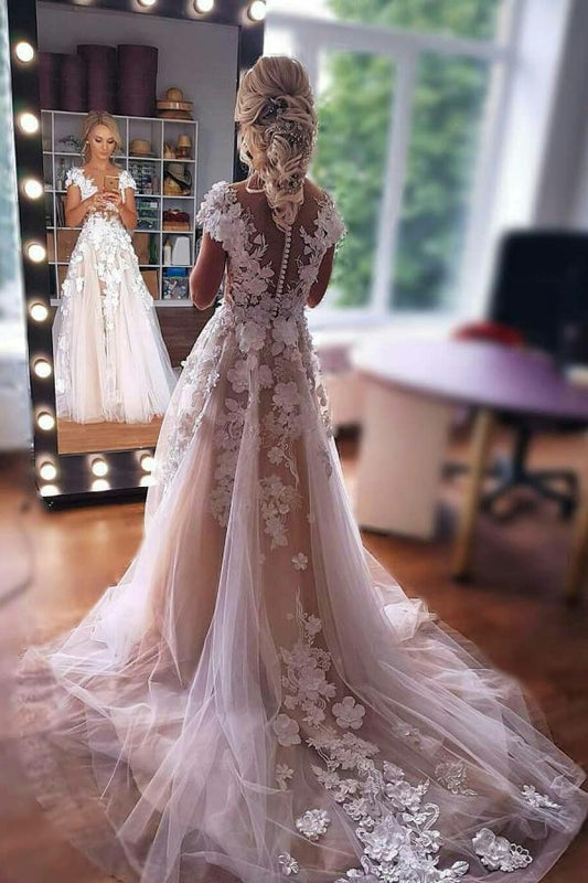 Wunderschönes langes ärmelloses A-Linien-Brautkleid aus Tüll mit Spitze