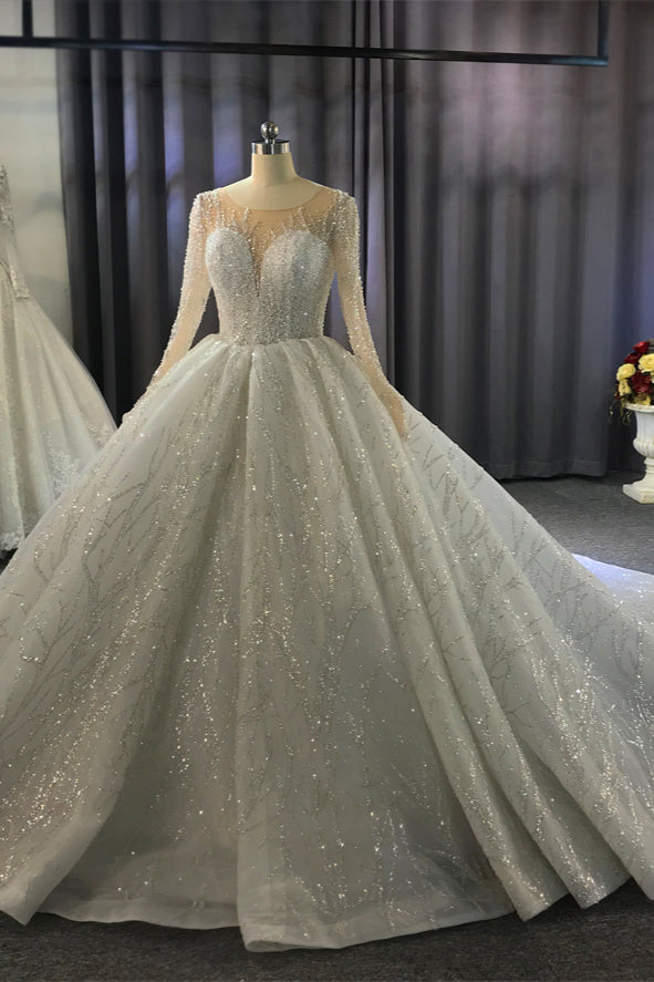 Wunderschönes langes Ballkleid im Bateau-Stil mit Kristallen und Ärmeln