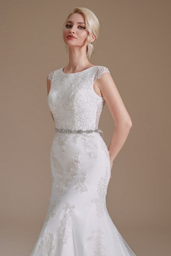 Gorgeous Long Mermaid Jewel Tulle Lace Wedding Dress