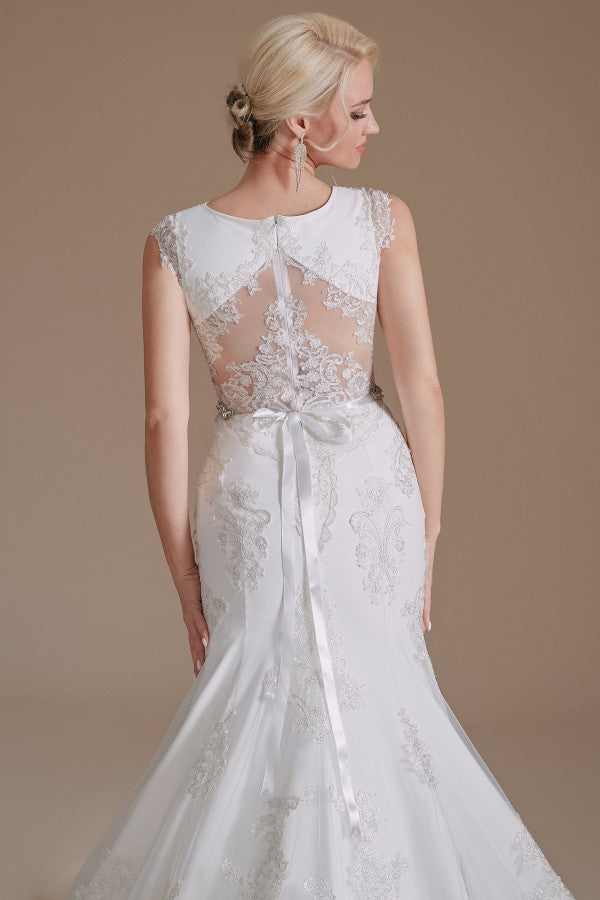 Gorgeous Long Mermaid Jewel Tulle Lace Wedding Dress