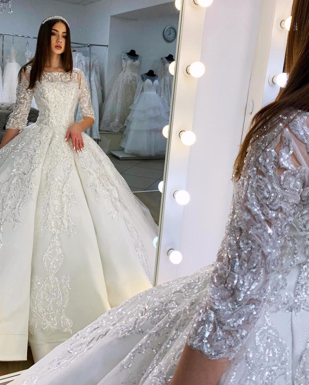 Wunderschönes langes Prinzessin-Brautkleid aus Satin mit Bateau-Ausschnitt, Applikationen und Spitze und Ärmeln