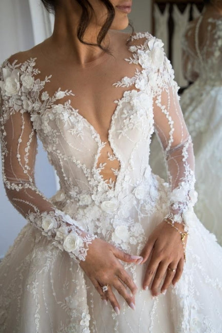 Wunderschönes Brautkleid mit langen Ärmeln und weicher Blumenspitze und V-Ausschnitt