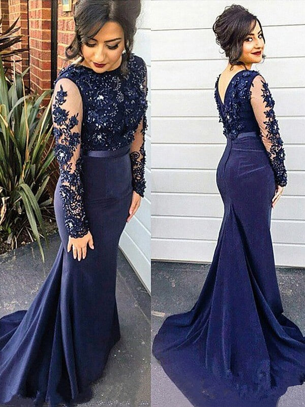 Hermosos vestidos de fiesta de talla grande con mangas largas y escote redondo de satén con efecto seda y encaje de sirena