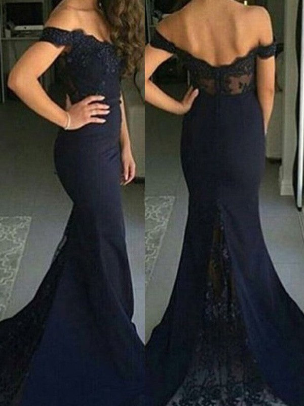 Hermosos vestidos de fiesta de satén con encaje, sin mangas y hombros descubiertos de sirena