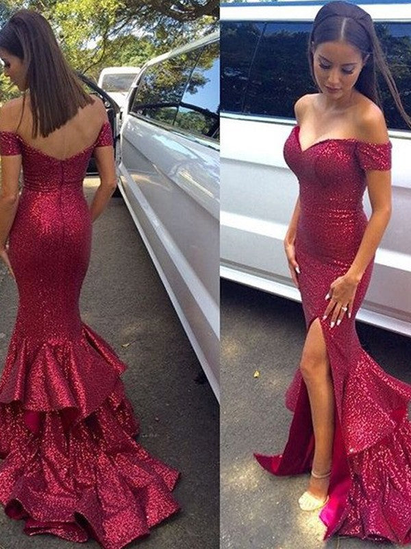 Hermosos vestidos de fiesta de sirena con hombros descubiertos, sin mangas y lentejuelas