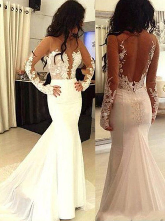 Gorgeous Mermaid Scoop Chiffon Long Sleeves Applique Prom Dresses