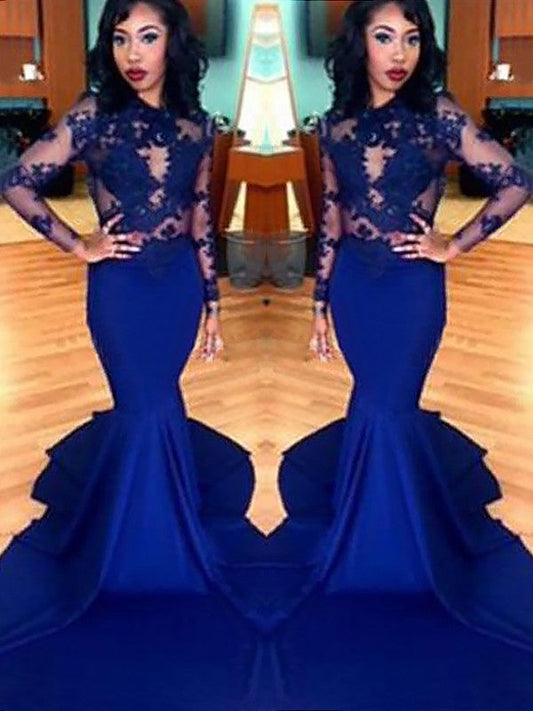 Gorgeous Mermaid Scoop Lace Elastic Woven Satin Long Sleeves Prom Dresses