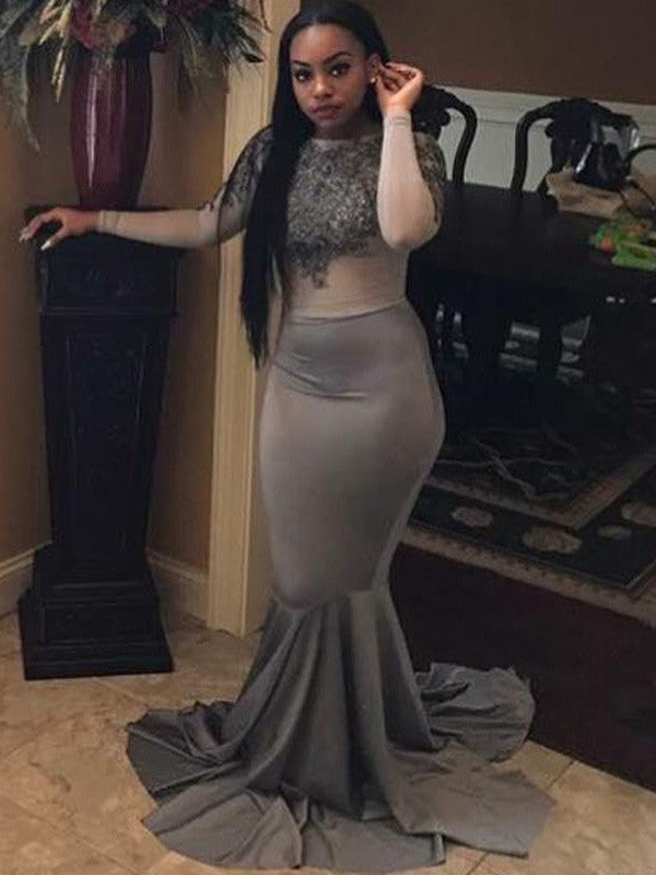 Hermosos vestidos de fiesta de talla grande con escote sirena, mangas largas, apliques, cola de corte, satén tejido elástico