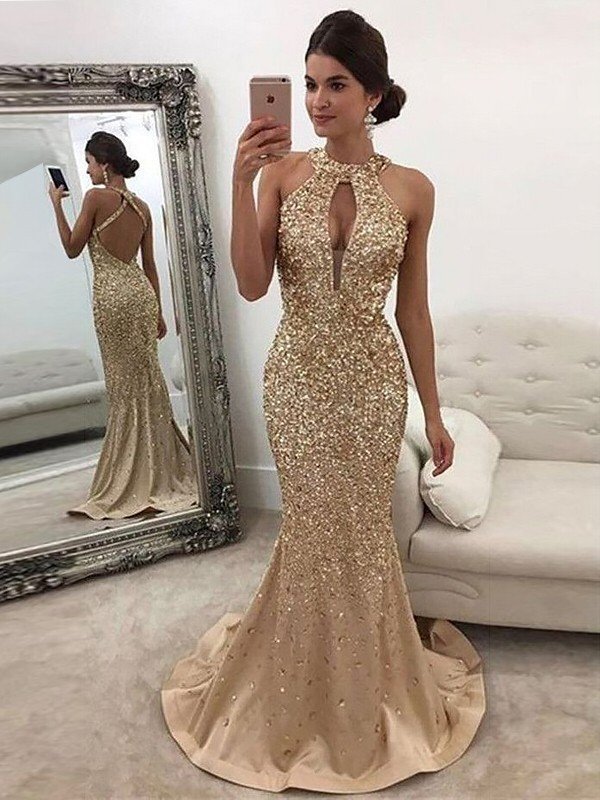 Gorgeous Mermaid Sleeveless Halter Sequin Satin Prom Dresses