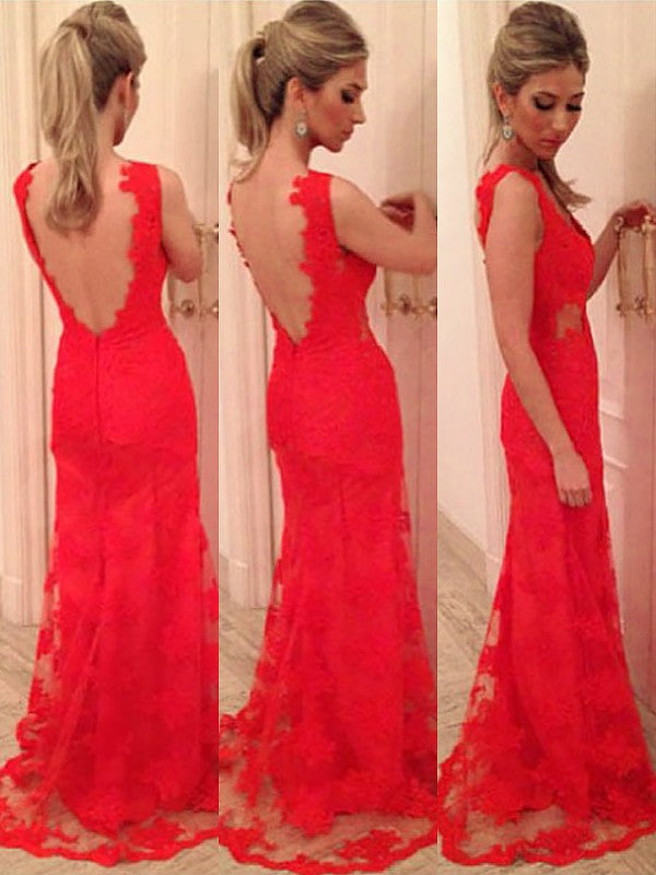 Hermoso vestido largo hasta el suelo con escote en V, sin mangas, de encaje y apliques de sirena