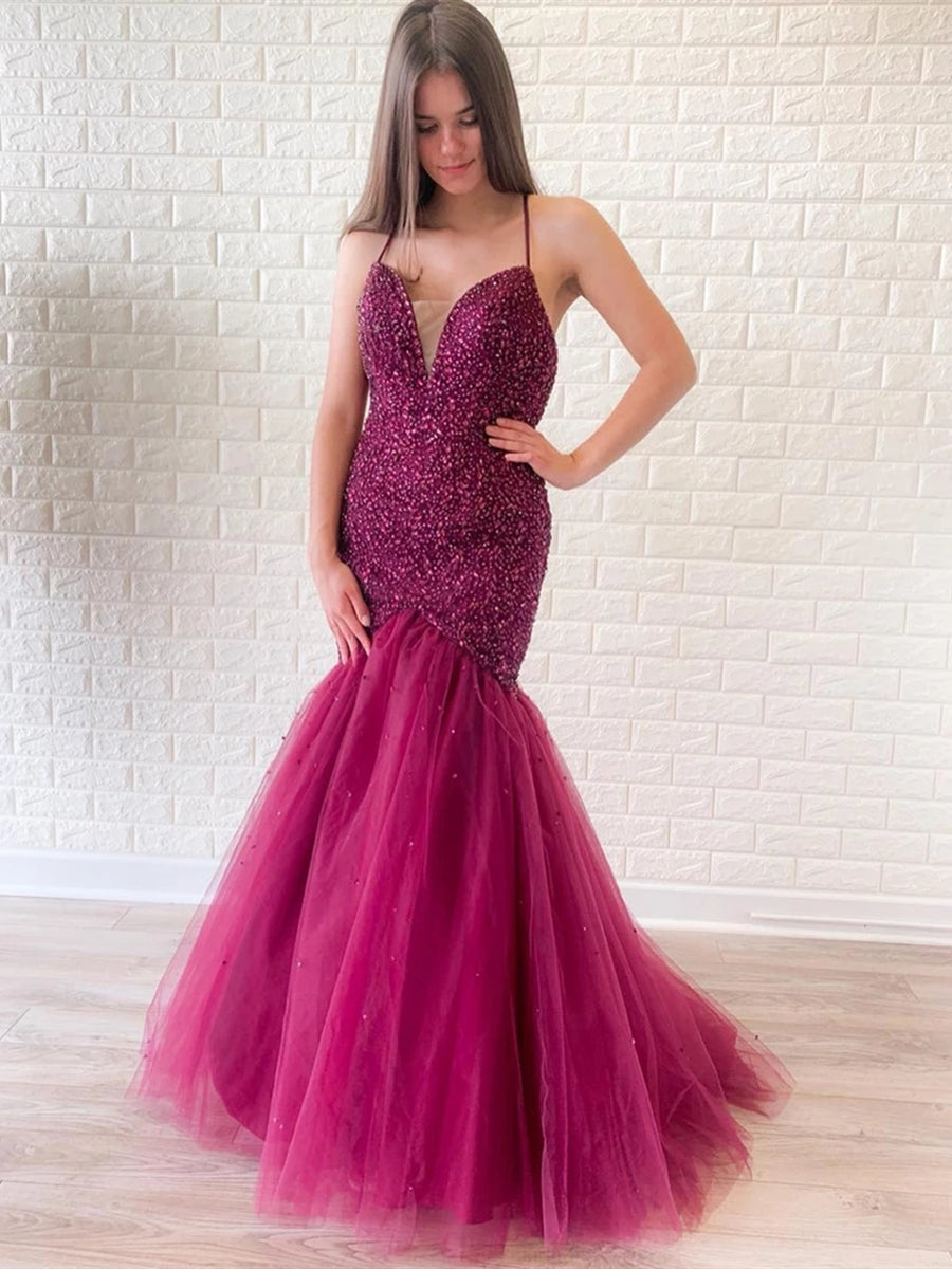Wunderschönes Meerjungfrau-Ballkleid mit V-Ausschnitt und rückenfreiem Tüll und Perlen
