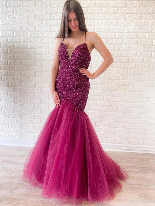 Hermosos vestidos de fiesta largos de sirena con escote en V, espalda descubierta, de tul con cuentas
