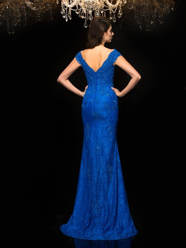 Hermosos vestidos de fiesta de sirena con escote en V, encaje, sin mangas, largos, de encaje, para madre de la novia