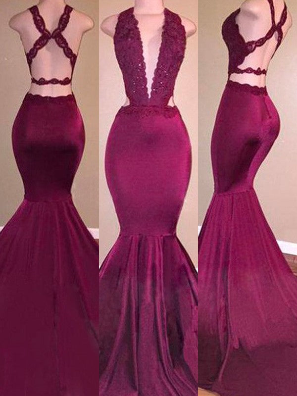Hermosos vestidos de fiesta de sirena con escote en V, crepé elástico, sin mangas y apliques