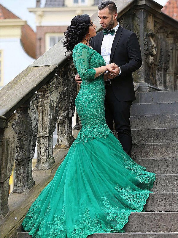 Hermosos vestidos de fiesta de talla grande con escote en V, tul y apliques de sirena, mangas 3/4